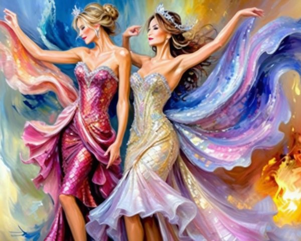 Elegant Women in Colorful Gowns with Flowing Capes
