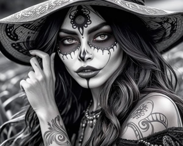 Black-and-White Portrait of Woman with Sugar Skull Makeup
