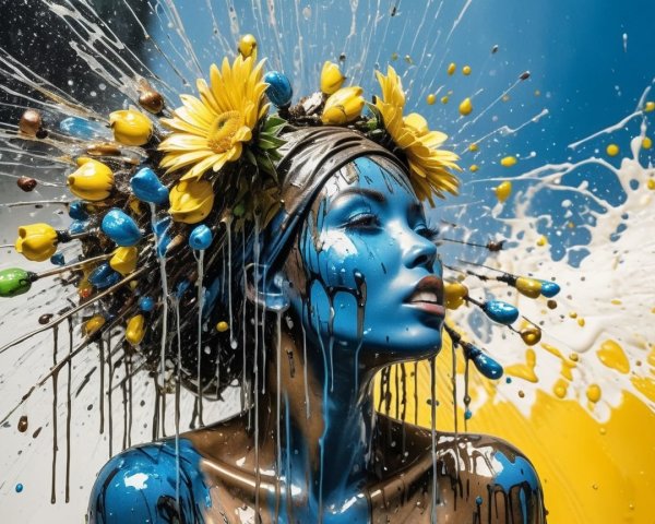 Vibrant Blue-Skinned Woman with Sunflower Crown