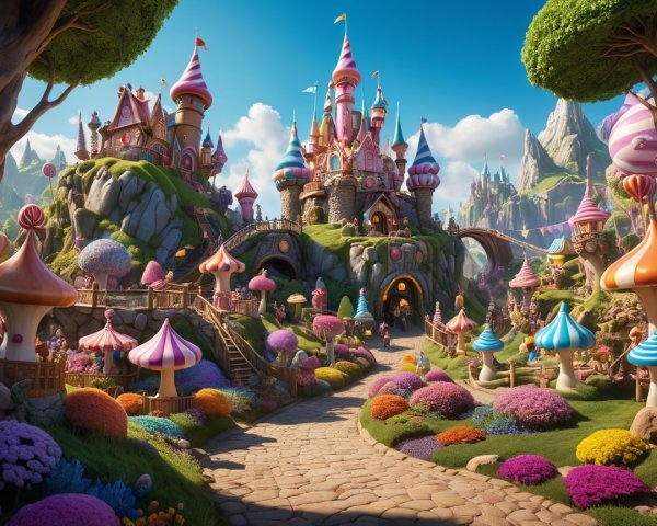 Whimsical Fairy Tale Landscape with Colorful Castle