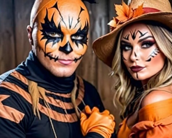 Couple in Festive Halloween Costumes with Pumpkin Theme