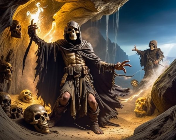 Skeletal Figures in a Mystical Cave with Glowing Torch