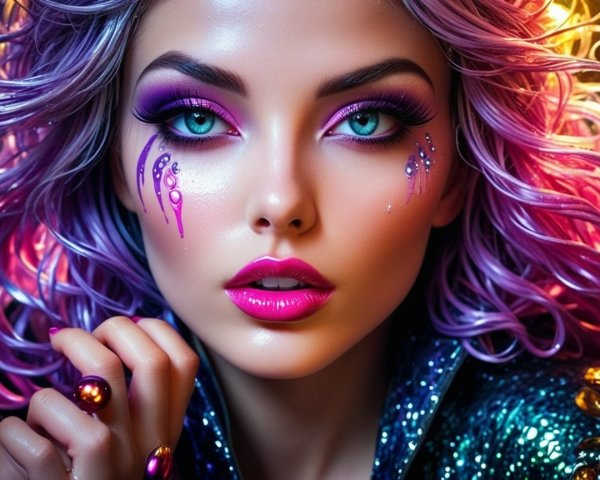 Close-up of a woman with purple hair and blue eyes