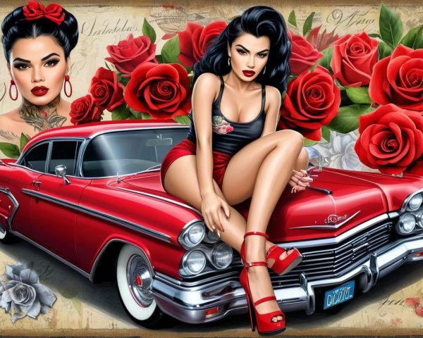 Glamorous Pin-Up Woman with Classic Car and Roses