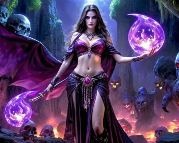 Sorceress in Mystical Landscape with Glowing Orbs