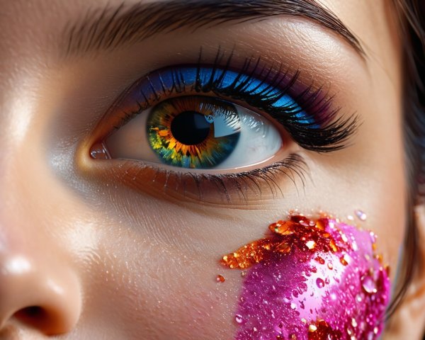 Close-Up of a Colorful Woman's Eye and Cheek Makeup