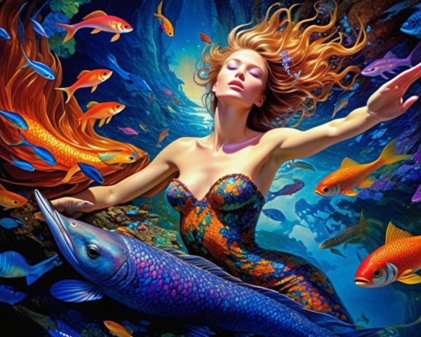 Underwater Scene with Woman and Tropical Fish