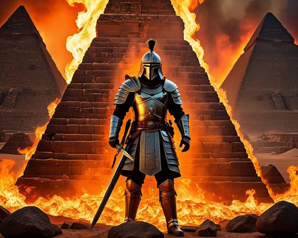 Knight in Armor Before Flaming Pyramids Scene