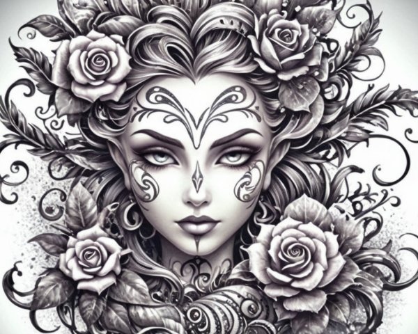 Intricate Female Figure with Floral Patterns and Tattoos