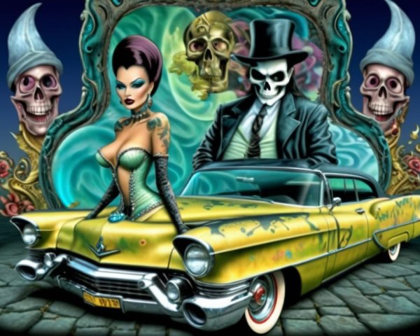 Vibrant Artwork of Classic Car and Surreal Elements