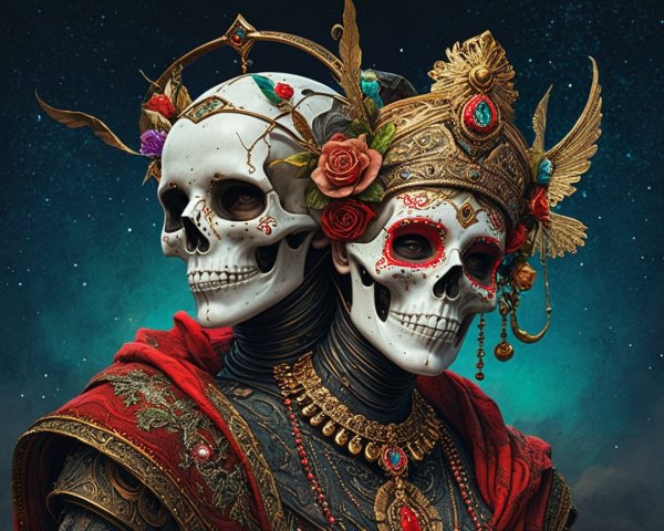 Intricately Decorated Skulls with Vibrant Flowers