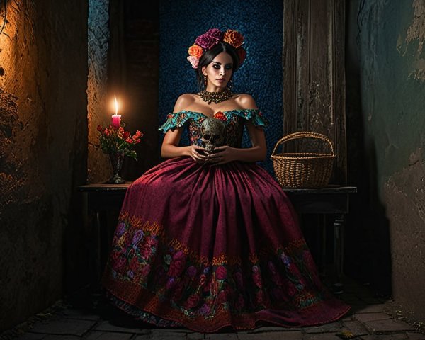 Elegant Woman in Floral Gown with Decorative Skull