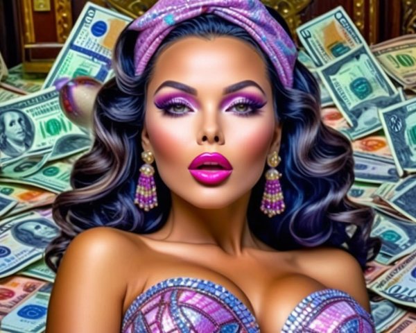 Glamorous Woman with Bold Makeup and Wealthy Background