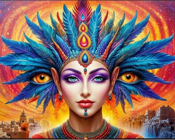 Surreal Portrait of a Woman with Feathered Headdress