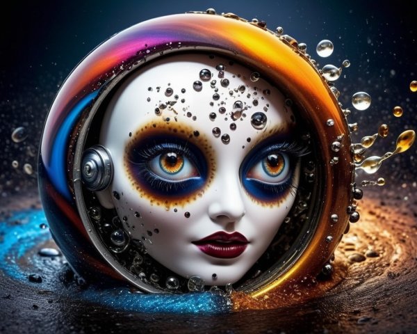 Surreal Doll's Head in Colorful Liquid Pool