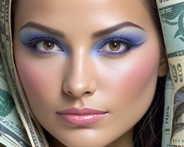 Close-Up of Woman with Bold Makeup and Dollar Bills