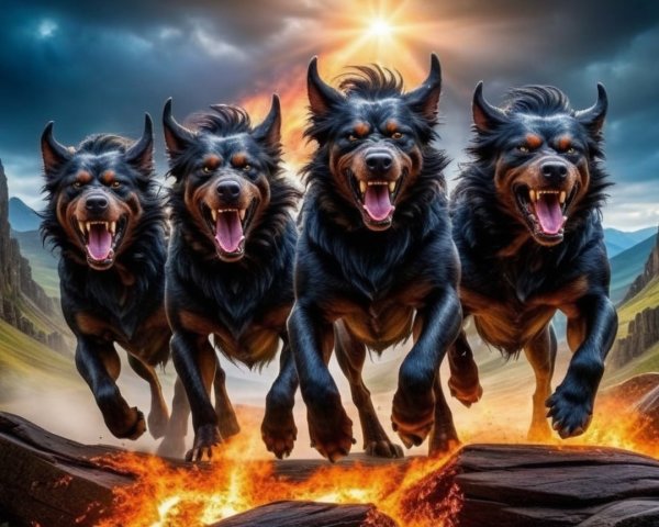 Black Dogs in Fiery Landscape with Mountains