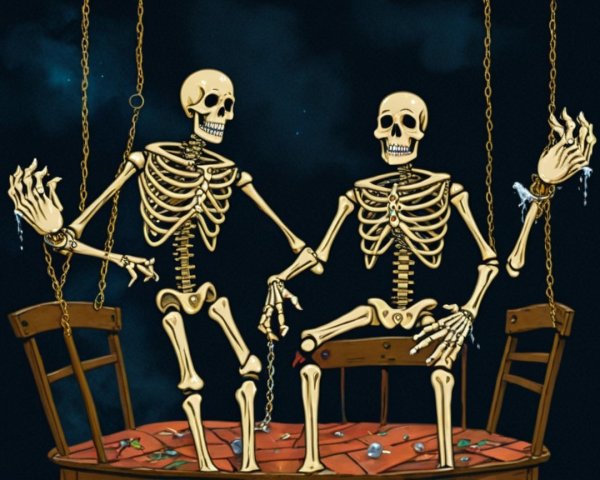Cartoonish Skeletons on Chairs in Mysterious Setting