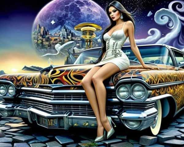 Glamorous Woman in White Dress on Vintage Car