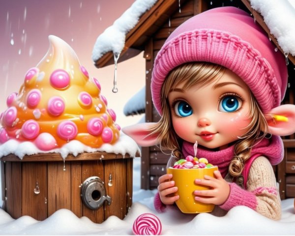 Whimsical Winter Scene with Girl and Ice Cream Hut