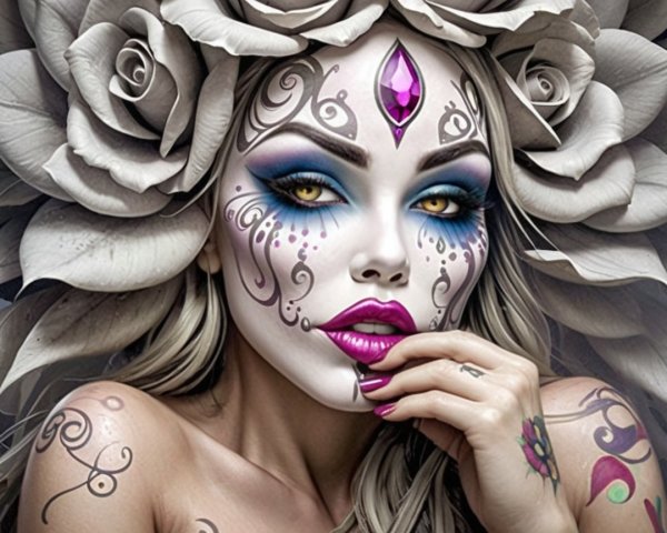 Portrait of a woman with floral patterns and bold makeup