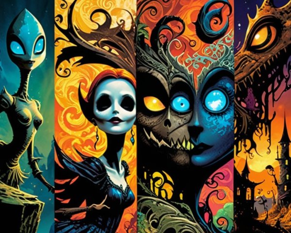 Stylized Characters in a Colorful, Eerie Setting