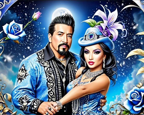 Elegant Couple Surrounded by Blue Roses and Flowers