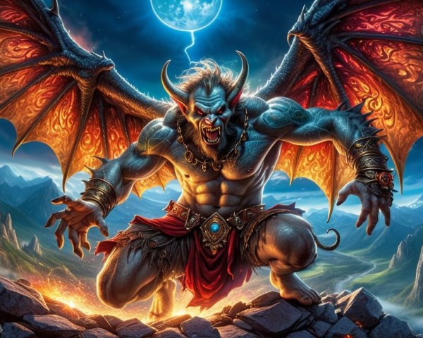 Muscular Demon in Rocky Landscape with Lightning Sky