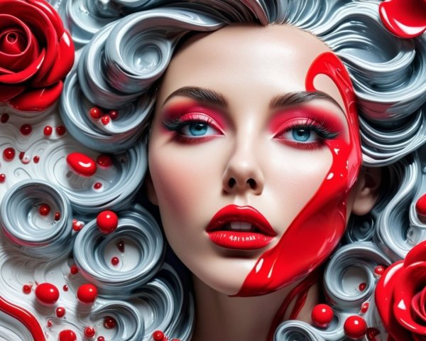 Close-up of Model with Silver Hair and Bold Red Makeup