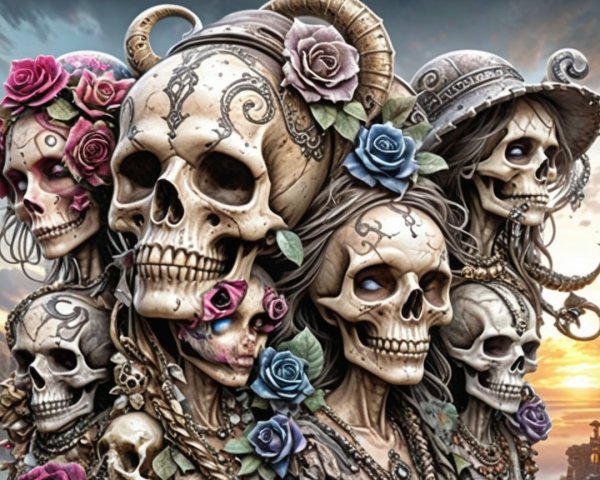 Intricate Skulls with Floral Elements and Accessories