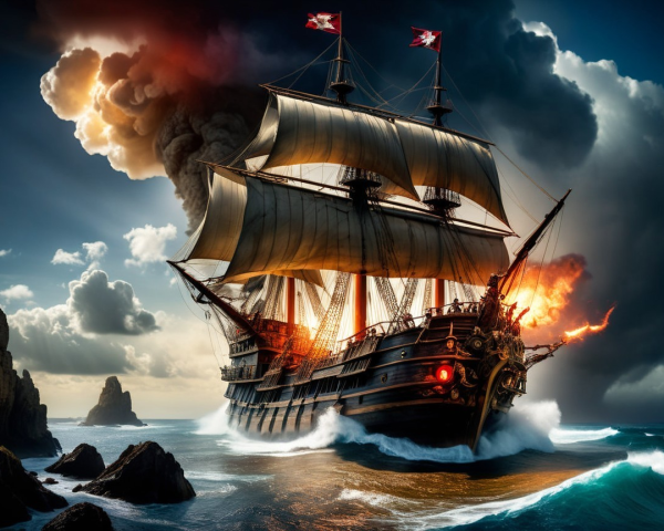Majestic pirate ship on tumultuous waters with flames