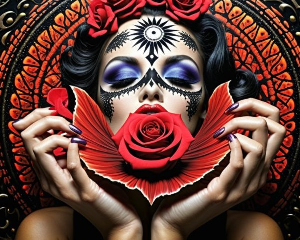 Woman with Sugar Skull Makeup and Floral Crown