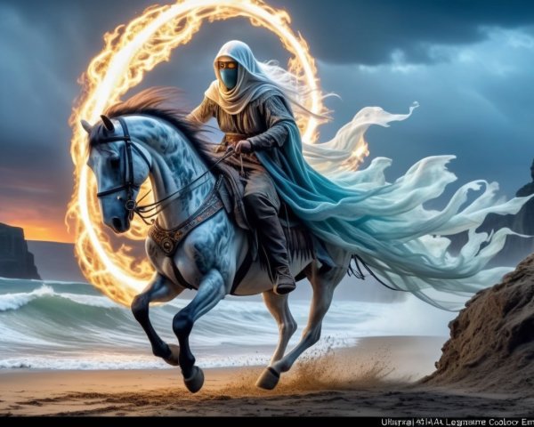 Mystical Figure on Blue Horse by Ocean Cliffs