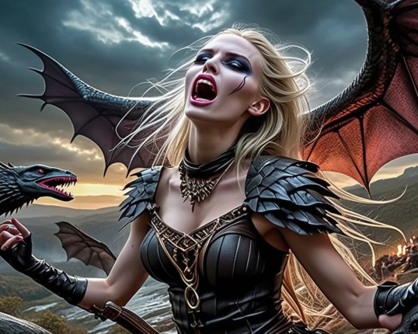 Fierce Woman in Dark Fantasy Attire with Wings and Dragon
