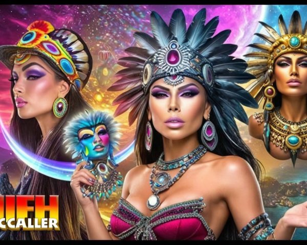 Surreal Landscape with Women in Colorful Costumes