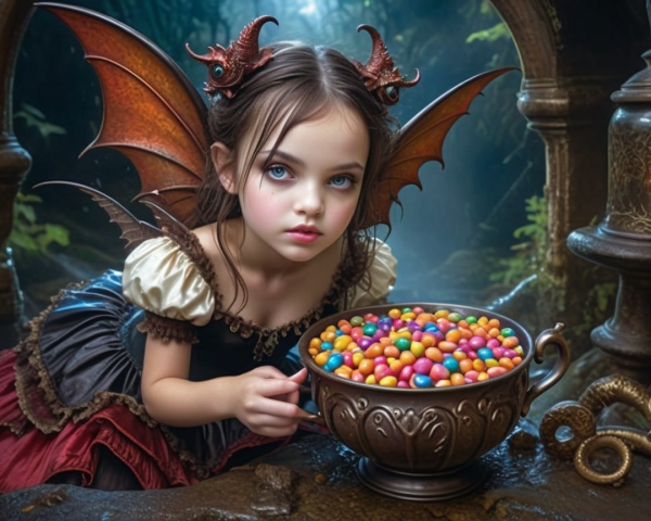 Fairy Girl with Wings and Colorful Candy Bowl in Forest