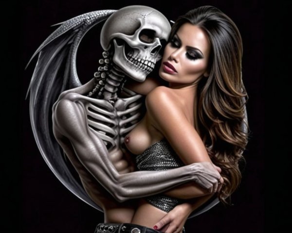 Skeleton Embracing Woman in Dark Artistic Scene