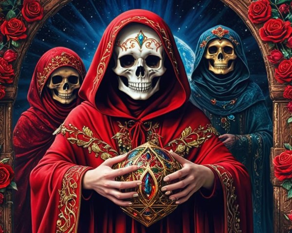 Cloaked Figures with Skull Faces in Enchanted Setting