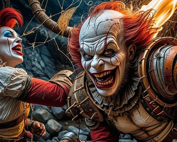 Sinister Clown and Woman in Dark Atmospheric Setting