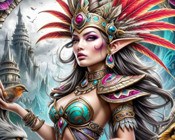 Mystical Female Figure in Vibrant Feathers and Jewelry