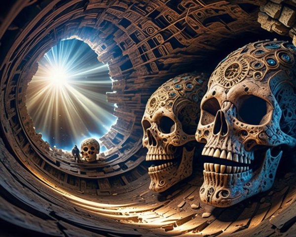Surreal Underground Environment with Ornate Skulls