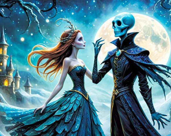 Mystical Scene with Woman and Skeletal Figure Under Moon