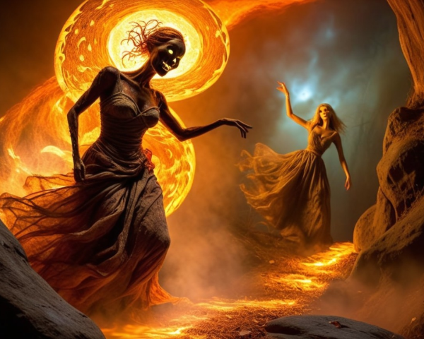 Mystical Scene with Figures and Swirling Flames