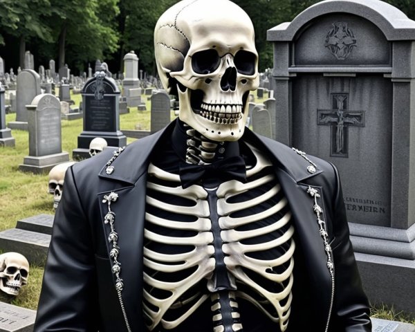 Skeleton in Tuxedo Among Gravestones in Cemetery