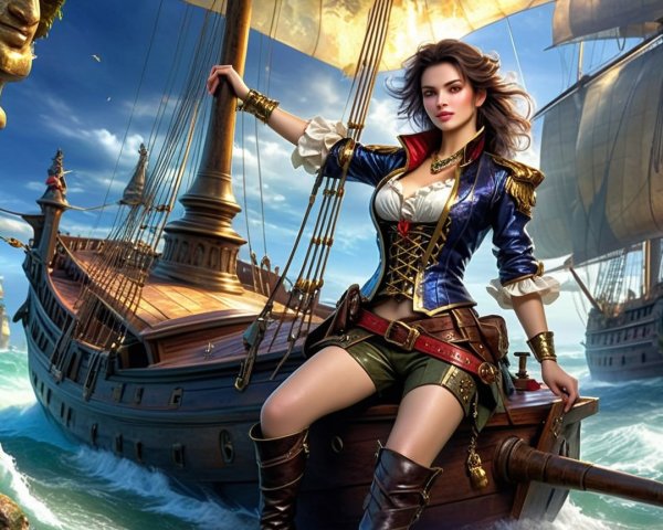 Female pirate on ship deck with dramatic backdrop