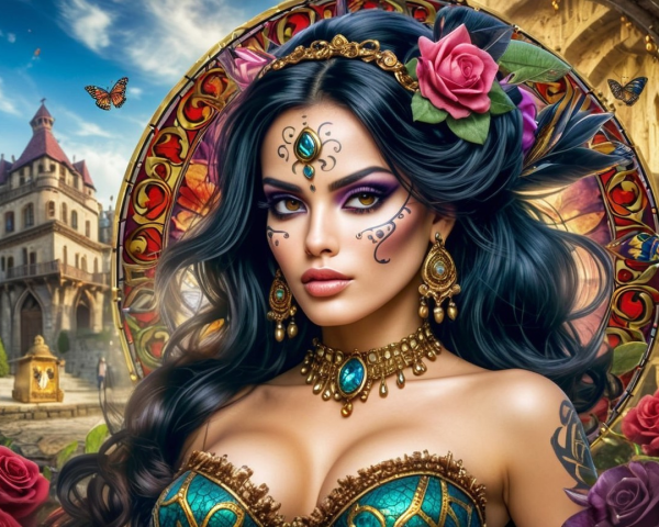 Woman in Intricate Jewelry Against Castle Backdrop