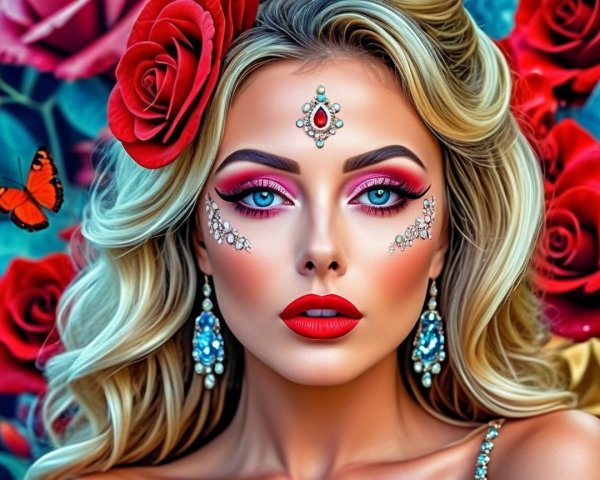 Glamorous Portrait of a Woman with Floral Accents