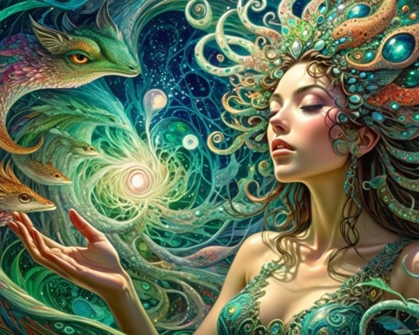 Mystical Woman in Ethereal Landscape with Serpents