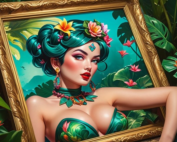 Vibrant Woman with Teal Hair in Floral Setting