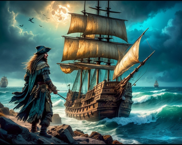 Dramatic Pirate Seascape with Majestic Ship and Sky
